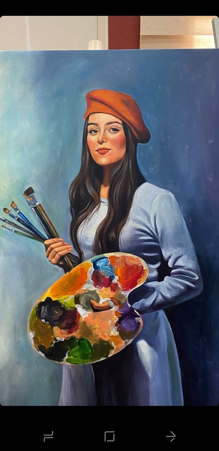 a painting of a woman holding a palette and paintbrushes in her hand,