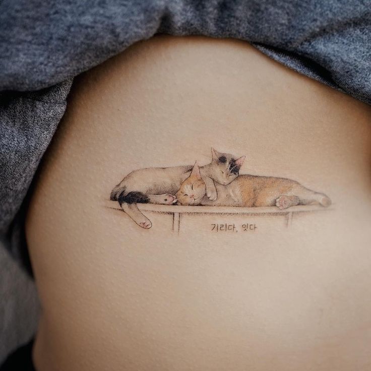 a woman with a tattoo on her stomach has two cats sleeping on top of it