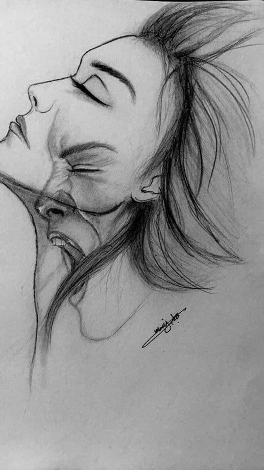 a pencil drawing of a woman's face with her hair blowing in the wind