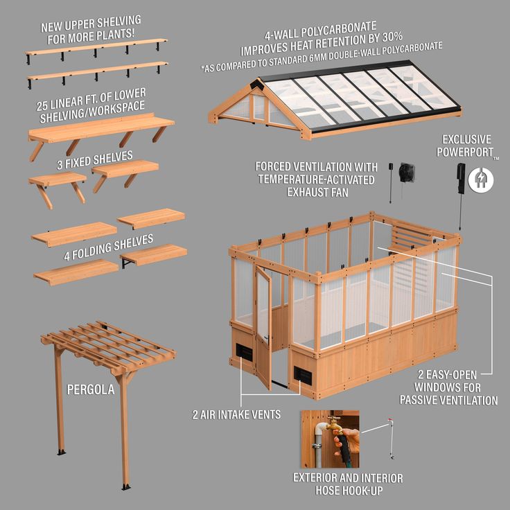 the plans and details for a small wooden house with glass doors, windows, and roof