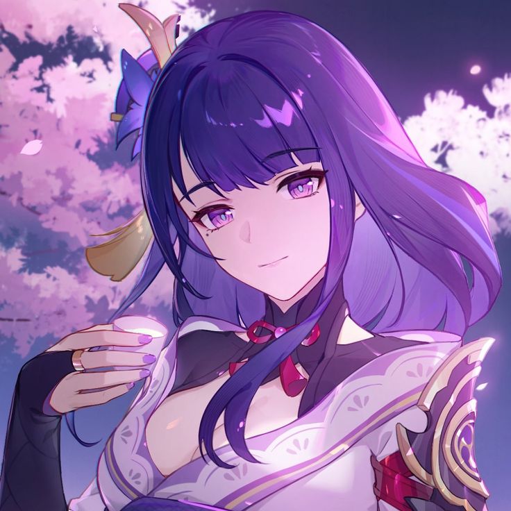 an anime character with purple hair and blue eyes