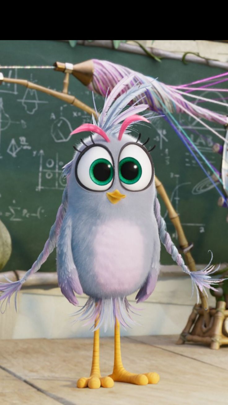 an animated bird with big eyes standing in front of a chalkboard filled with writing