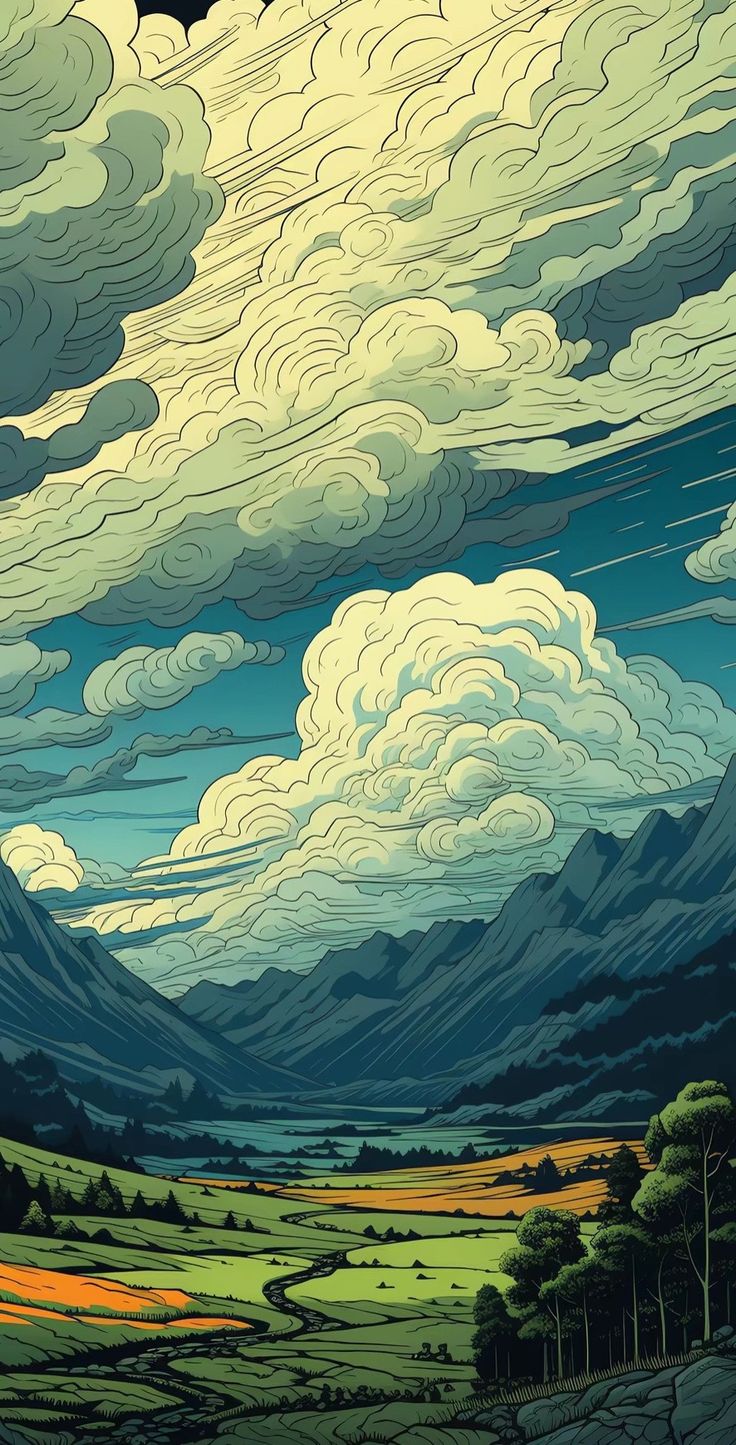 an image of a painting with clouds in the sky over mountains and fields below it