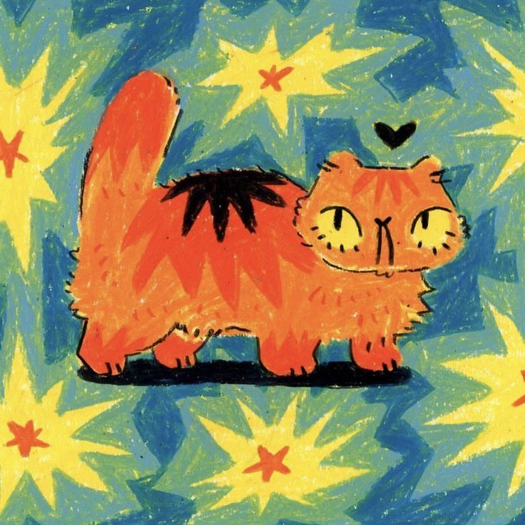 a drawing of a cat with stars and a heart on it's back ground