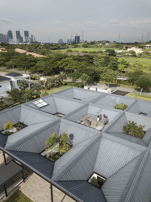 an aerial view of the roof of a building