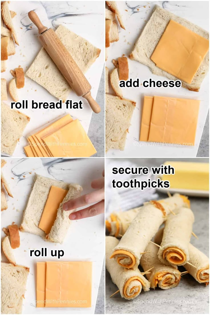 how to make rolled up sandwiches with cheese and peanut butter on the top, then cut them in half