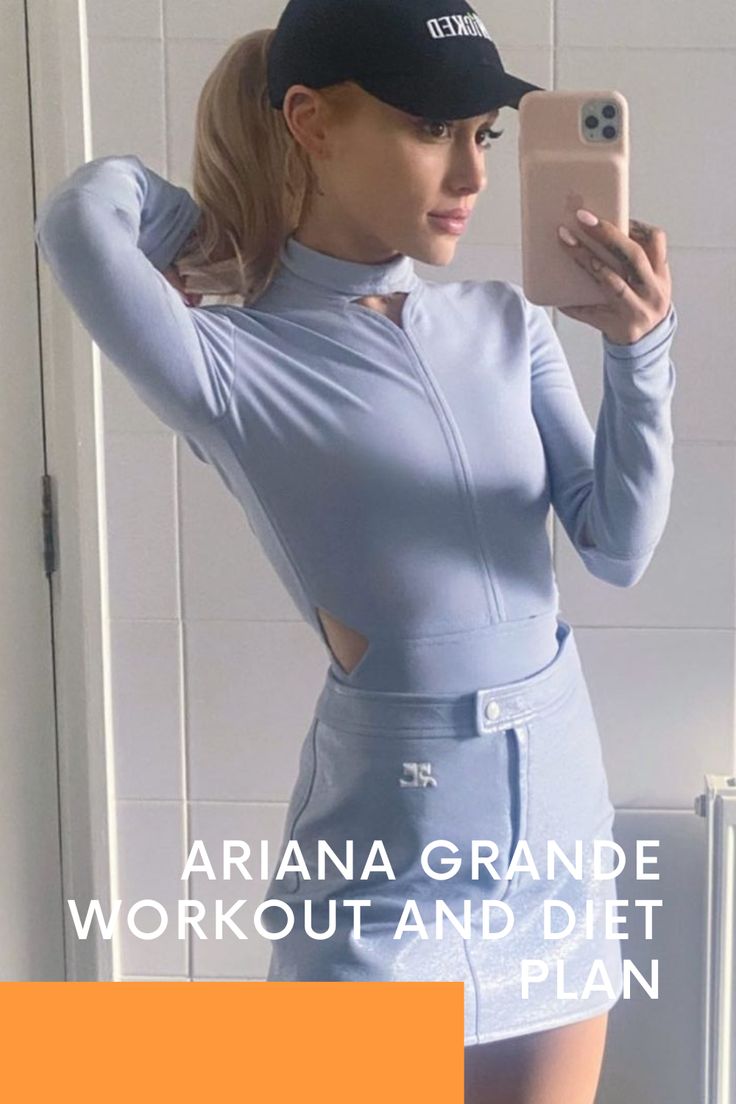 a woman taking a selfie in front of a mirror with the caption ariana grandee workout and diet plan