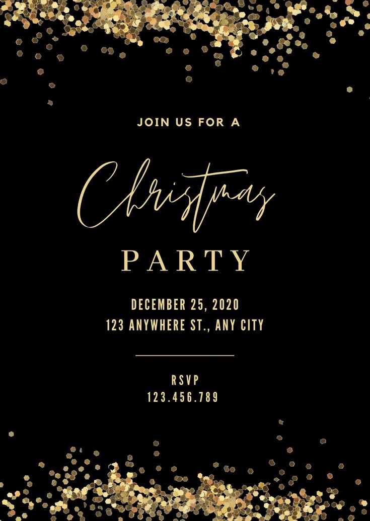 a black and gold christmas party with confetti in the middle, on a black background