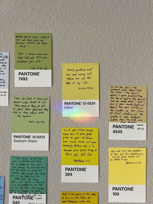 several pieces of paper that have been pinned to the wall with some writing on them