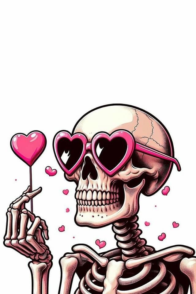 a skeleton holding a heart shaped lollipop in it's hand and wearing sunglasses