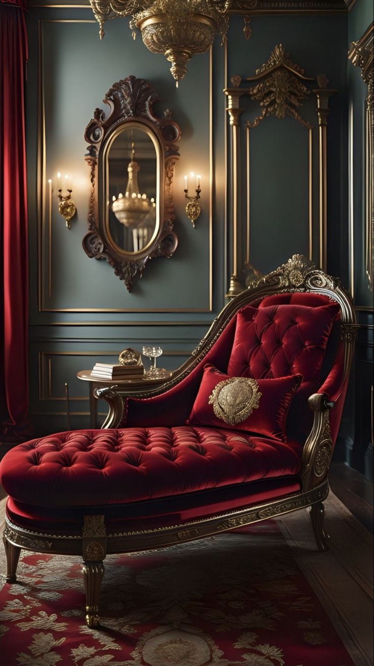 a red chaise lounge chair sitting in front of a mirror and chandelier