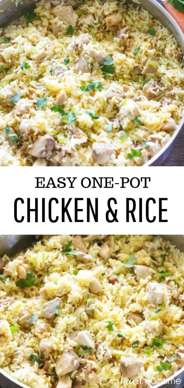 one pot chicken and rice casserole is shown with the words easy one pot chicken and rice