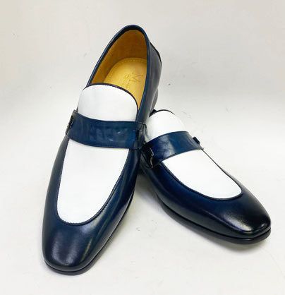 Calfskin Spectator Loafer Navy/White Elegant Calfskin Two-Tone slip-on Spectator Loafer from the Carrucci collection features full Leather Lining, a cushioned insole and a clean welt! Elegant White Slip-ons With Textured Sole, Elegant White Closed Toe Slip-ons, White Leather Sole Closed Toe Slip-ons, White Leather Sole Slip-ons With Closed Toe, White Almond Toe Slip-ons With Rubber Sole, Formal White Moccasins With Textured Sole, White Textured Sole Moccasins For Formal Occasions, White Formal Moccasins With Textured Sole, White Leather Shoes With Removable Insole