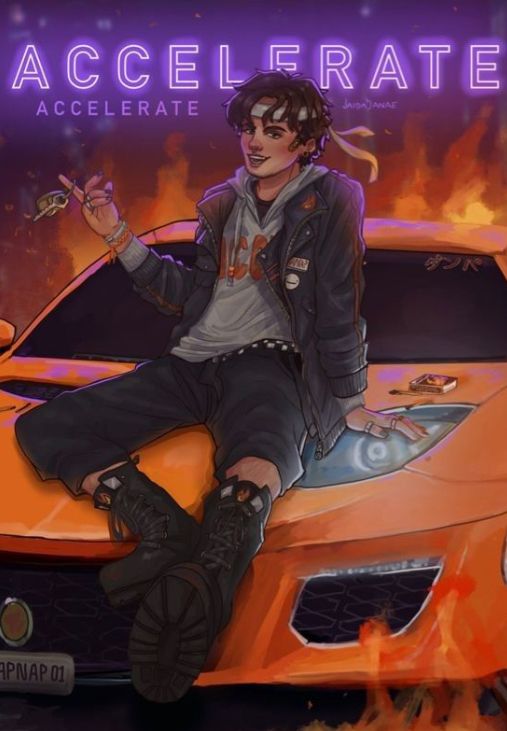 a young man sitting on top of an orange sports car with flames in the background