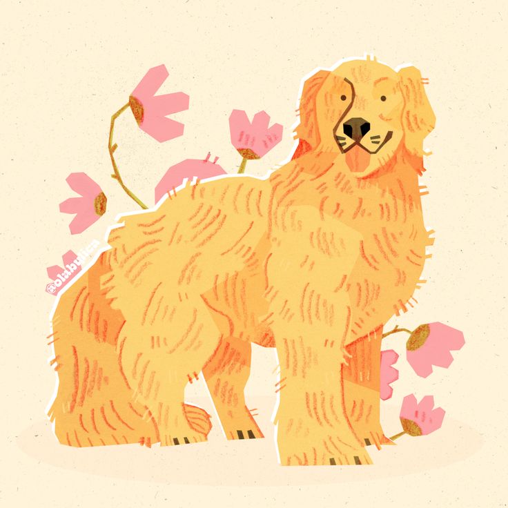 an illustration of a golden retriever surrounded by pink flowers