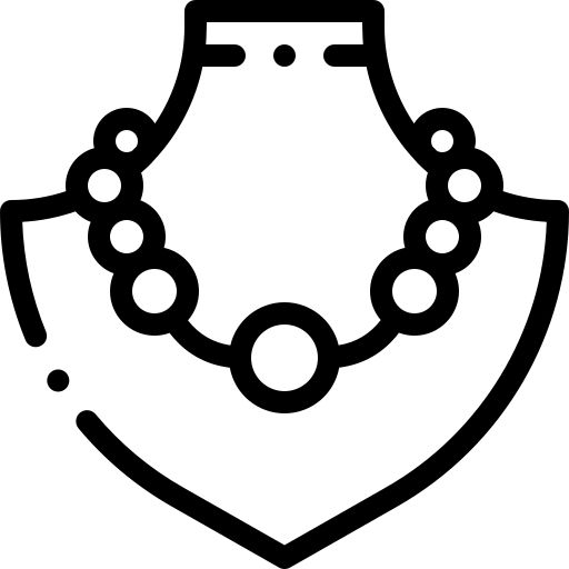 a black and white image of a necklace on a shield with two circles around it