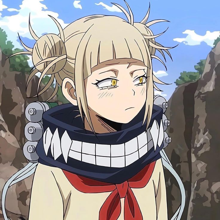 an anime character with long blonde hair and yellow eyes wearing a scarf around his neck