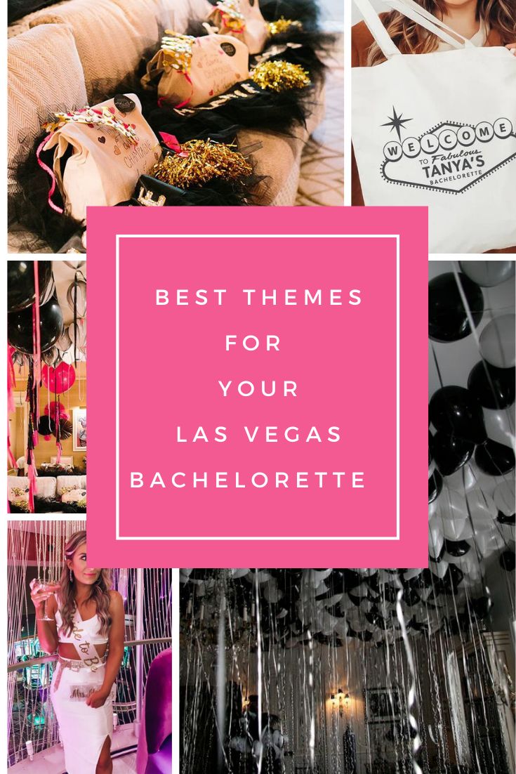 the words best themes for your las vegas bachelor party in pink, black and white