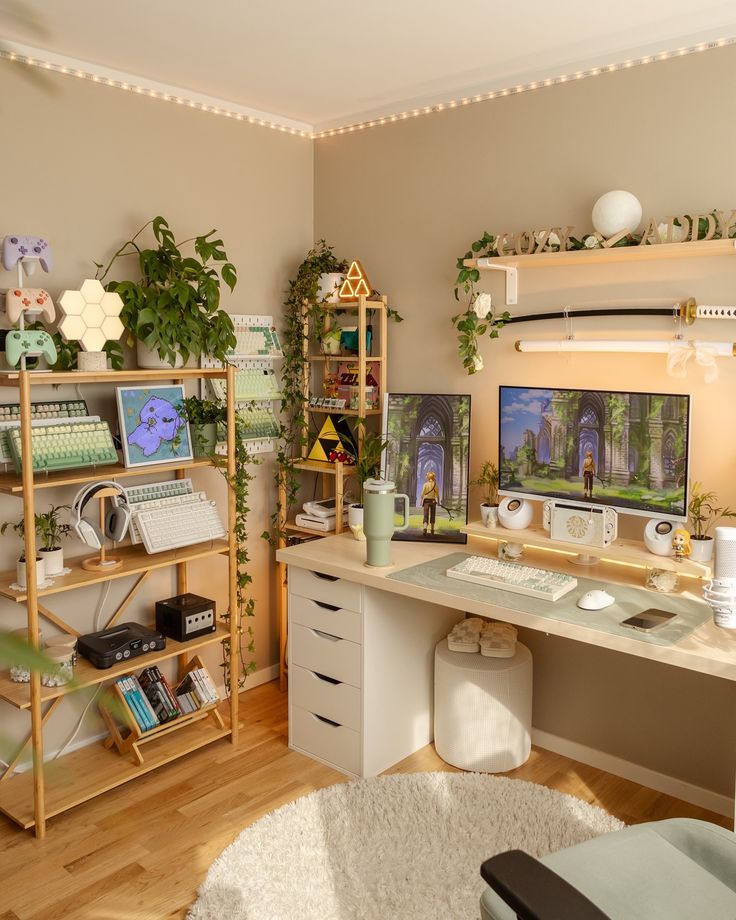 a home office with two computer screens and plants on the wall above the desk, along with shelves full of books