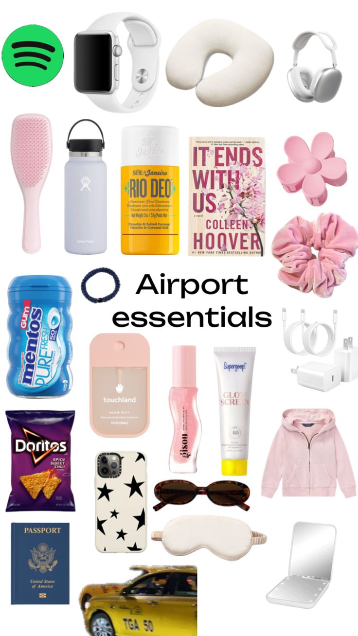 an assortment of items that are on display with the words airport essentials written below