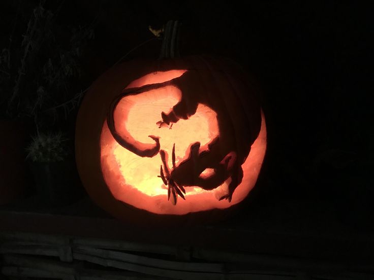 a carved pumpkin with an image of a lizard on it