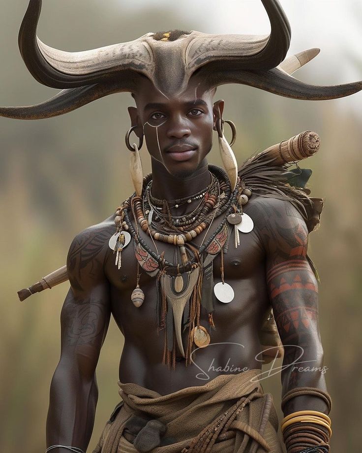 an african man with horns on his head and necklaces around his neck, holding two spears