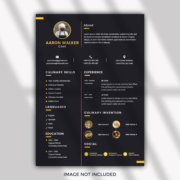 a black and yellow resume template on a gray background with the words aaron walker above it