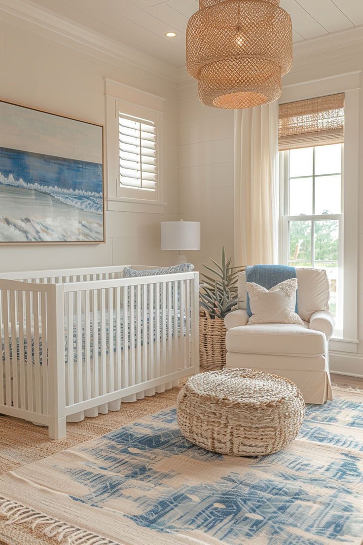 nursery decor, nursery ideas, nursery design, beach-themed nursery, ocean-themed nursery, coastal nursery Coastal Boy Nursery, Organization Kids Room, Beachy Nursery, Ocean Baby Rooms, Sea Nursery Theme, Coastal Nursery, Ocean Themed Nursery, Baby Nursery Inspiration, Nursery Trends