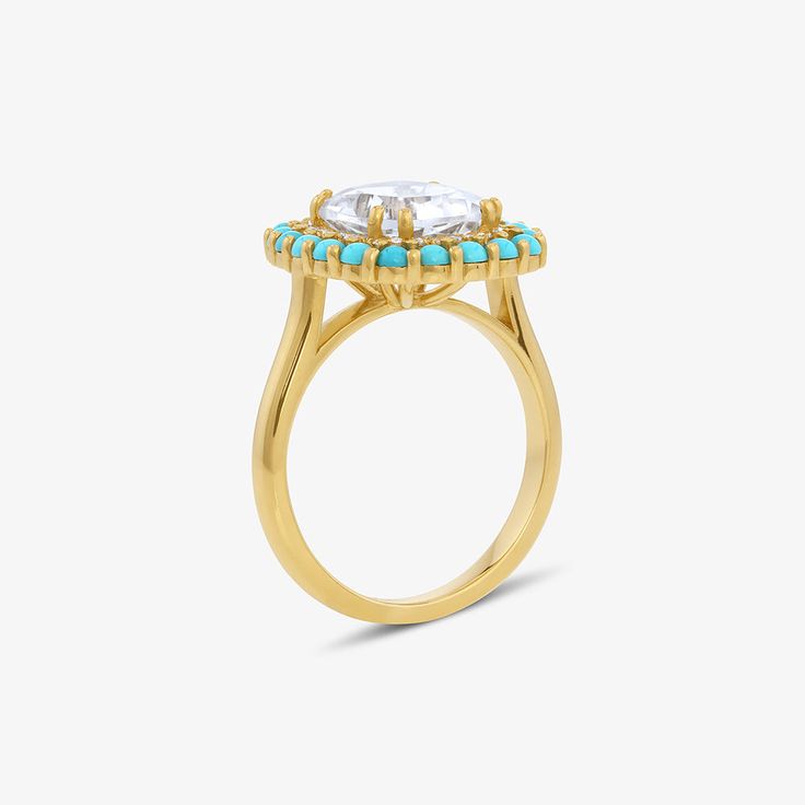 This 14k gold ring showcases a radiant white topaz, encircled by diamonds and vibrant turquoise cabochons. A harmonious blend of elegance and character. White Topaz is a symbol of clarity and truth, enhances focus and manifestation of goals. It also embodies love and affection. Specifications 14k gold, Diamonds 0.15cttw, 10 x 8 white topaz Production Please allow 4-6 weeks for production. Love And Affection, 14k Gold Ring, White Rose Gold, White Topaz, Rose Gold Ring, Turquoise Ring, Gold Ring, Topaz, Gold Rings