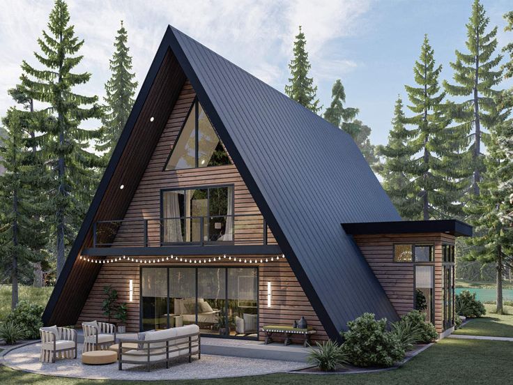 a - frame cabin with an outdoor seating area