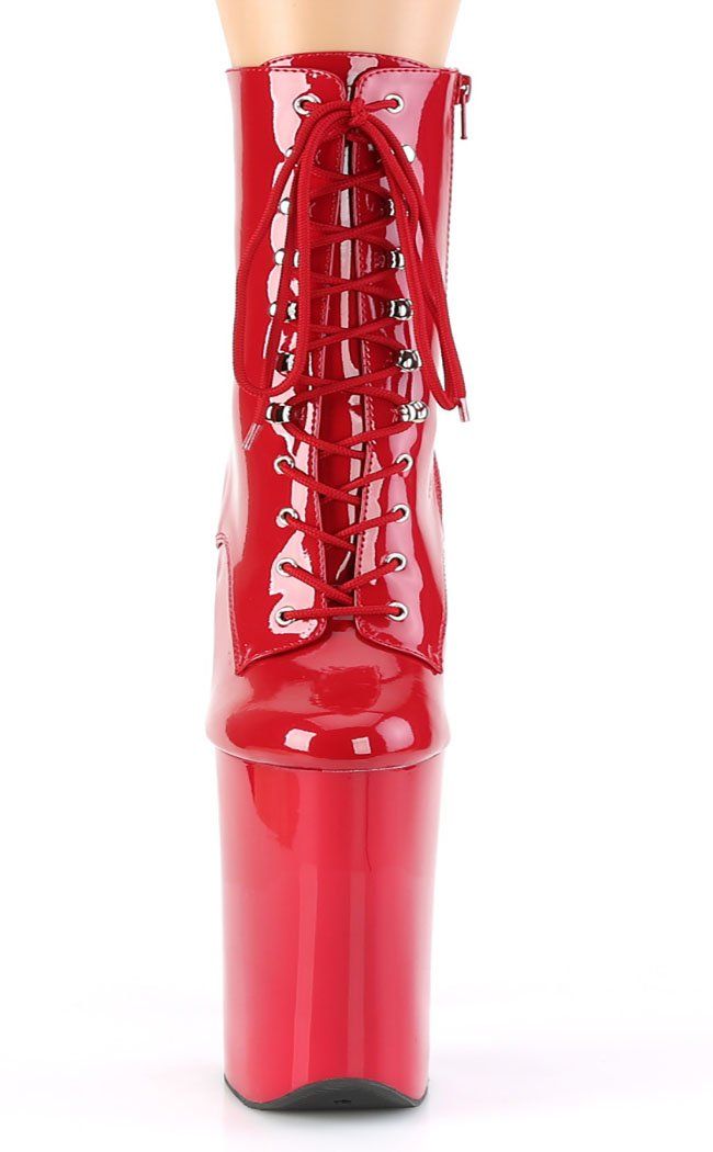 10" Heel, 6 1/4" PF Front Lace-Up Ankle Boot, Side ZipHEEL/PLATFORM : 10" Heel, 6 1/4" PFFIT GUIDE : True to sizeVEGAN : YesSIZE : US women's sizing-refer to size chart for more info. Red Ankle Platform Boots, Red High-top Platform Boots For Party, Red High Ankle Platform Heels, Red High Ankle Boots With Reinforced Heel, Red High-top Boots With Reinforced Heel, Red Fitted High-top Boots, Pleaser Shoes, Platform Ankle Boots, Lace Up Ankle Boots