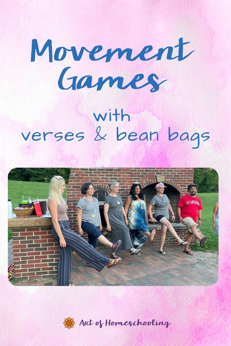 the cover of movement games with verses and bean bags, featuring four women sitting on a brick wall