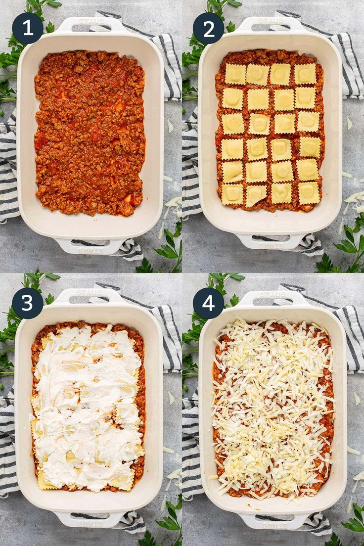 steps to make lasagna casserole with cheese and sauce in a white dish