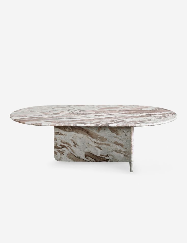 an oval marble table with metal legs and a white base, against a gray background