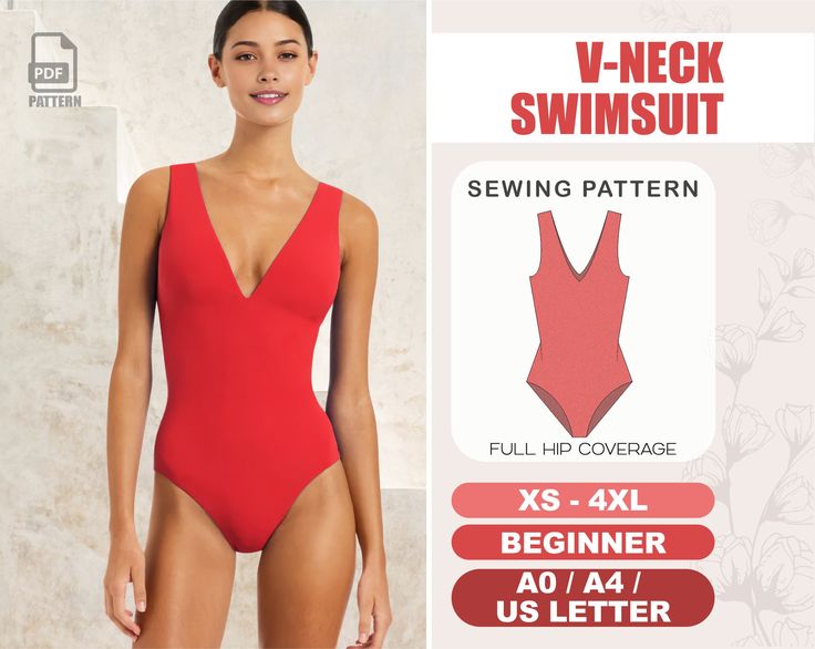 One piece swimsuit sewing pattern for beginners. This bathing suit v-neck front cut and full hip coverage. Swimsuit is fully reversible, I recommend using contrast lining color to wear both ways!  Digital sewing patterns are available instantly. V-NECK SWIMSUIT SEWING PATTERN PREVIEW: - Size: XS-4XL - Print Size: A4 / US Letter / A0 Paper Size - Tools: Serger Sewing Machine - Fabric: 4 Way Stretch Fabric (tricot, polyester / nylon blend etc), 1/4" or 1 cm wide rubber elastic - Seam Allowance: In Body Suit Pattern, Swimsuit Sewing Pattern, Swimwear Sewing Patterns, Swimsuit Pattern Sewing, Coverage Swimsuit, Bodysuit Pattern, Bathing Suit Patterns, Serger Sewing, Swimwear Pattern