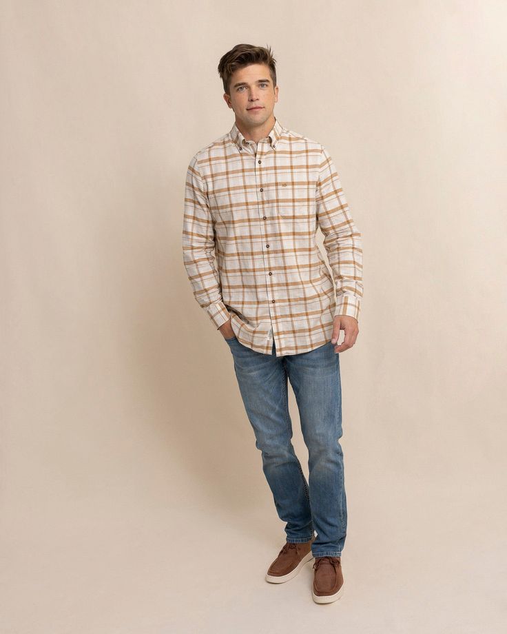 The front view of the Southern Tide Botnay Bay Plaid Long Sleeve Sport Shirt by Southern Tide - Sand White Botany Bay, Long Sleeve Plaid Shirt, Sport Shirt, Mix N Match, Botany, Sports Shirts, Mix And Match, Plaid Shirt, Chest Pocket