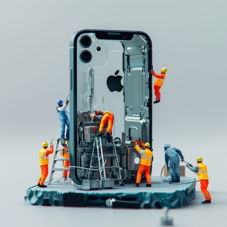 people in orange safety suits are working on an apple phone with workers standing around it