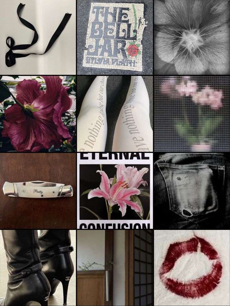 a collage of photos with flowers, shoes and other things in black and white