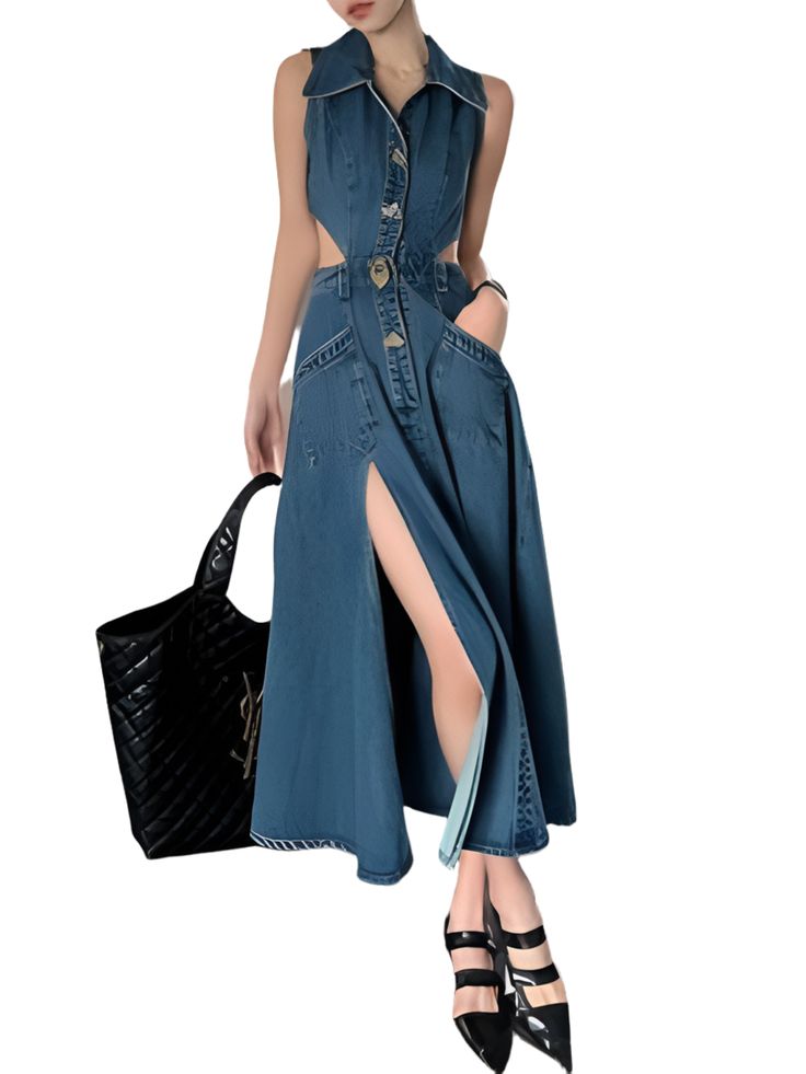 Casual and daily use denim maxi dress, buttons closure pockets on front. Casual style. Sleeveless. Buttons front close. V-neck. Open leg. Loose fit. Cut out sides and back details. 30% cotton, 70% yasser (viscose and cotton). Color may be lighter or darker depending of the device it is displayed. High Heel Wedges Platform, Denim Maxi Dress, Dress Buttons, Romper And Jacket, Denim Maxi, Dark Blue Jeans, Midi Short Sleeve Dress, Wide Pants, Sleeveless Maxi Dress