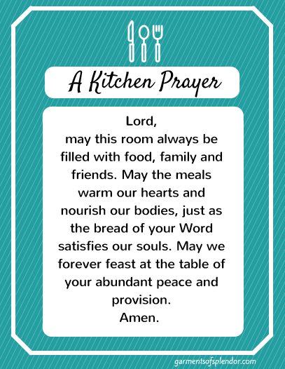 a kitchen prayer with the words, lord may this room always be filled with food, family and friends