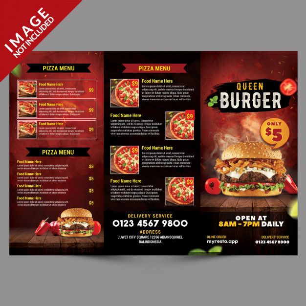 a menu for a pizza restaurant with an image of a burger on the front and side