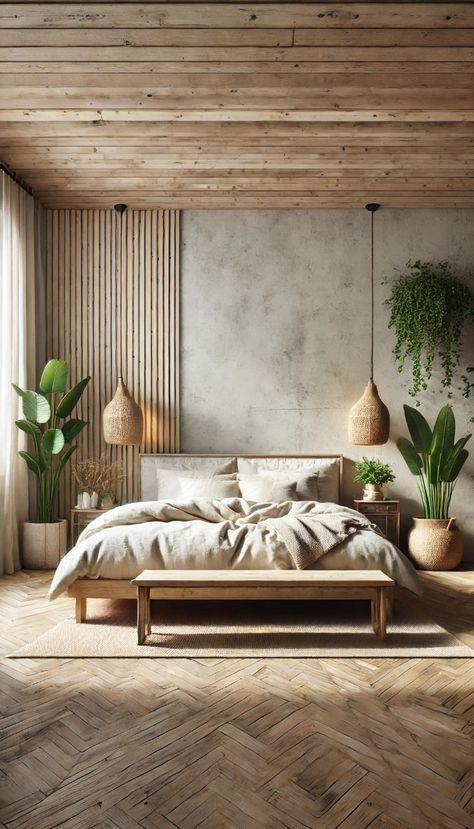 a bedroom with wooden walls and flooring is pictured in this image, there are plants on either side of the bed