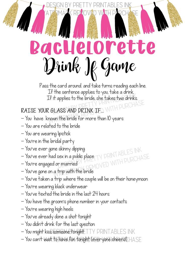 Bachelorette drink if game featuring a black, pink and gold tassel garland along the top. 3 Person Bachelorette Party, Drink If Game Bachelorette, Bachelorette Party Themed Drinks, Hilarious Bachelorette Games, Never Have I Ever Bachelorette Game, Bachlorette Party Activities Fun, Batcholorette Games, Spicy Bachelorette Questions, Stagette Games