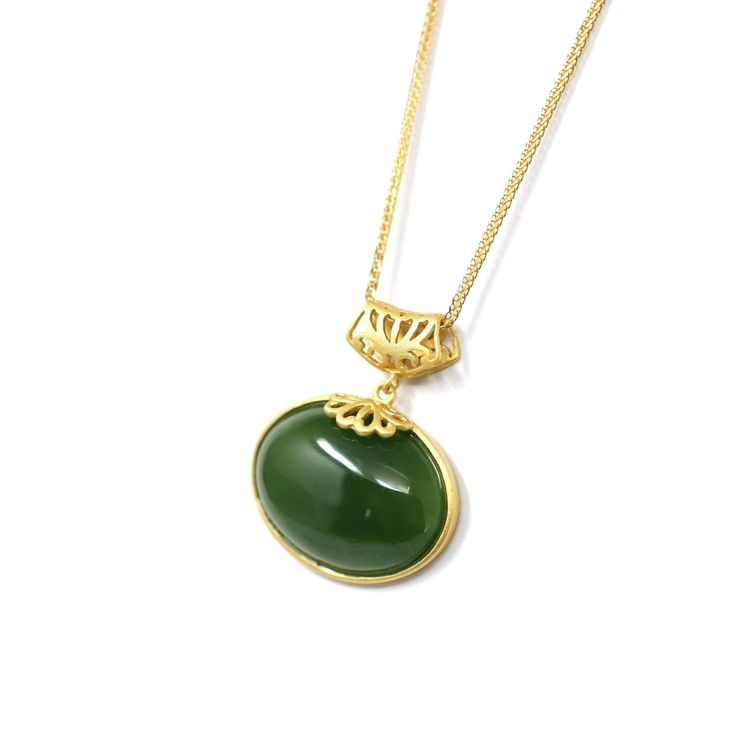 Design concept--- This Pendant is made with natural green nephrite jade. Inspried by the natural beauty of the rare gem. The jade color is a little deep green. Color is as shown on the pictures. The pendant is an antique style. Every detail looks so exquisite. It's perfect gift for you and your love. Approx TW: 4.26g Gold plated sterling silver setting Unique fillagree design Natural, authentic green nephrite jade Authenticity guaranteed, comes with authenticity card. IDEAL PRESENT: Order the Ba Real Jade Jewelry, Classic Pendant Necklace, Deep Green Color, Unique Bangle, Jade Color, Nephrite Jade, Rare Gems, Jade Jewelry, Jade Pendant