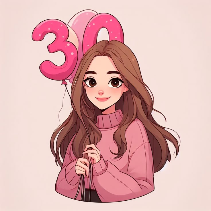 a girl holding a pink balloon with the number 30 on it