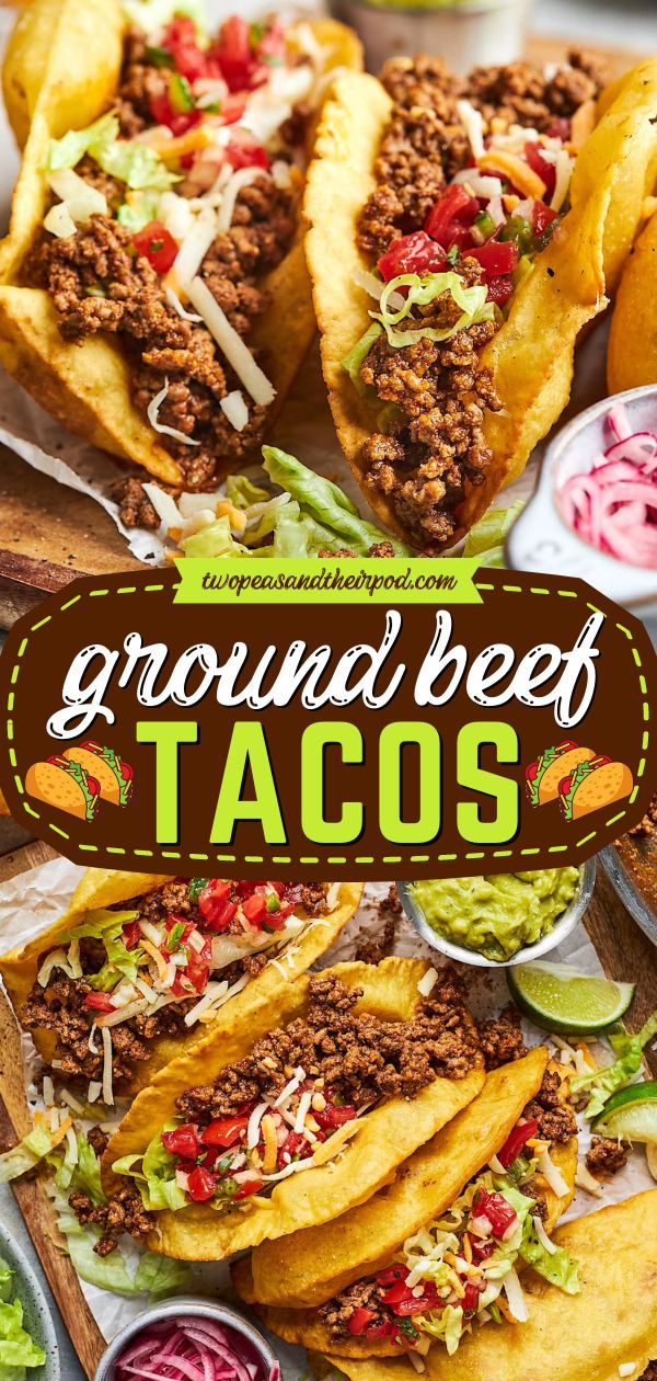 Want the best appetizer idea? These Ground Beef Tacos are made with homemade taco seasoning! The taco meat is juicy, full of flavor, and served in crispy taco shells. Pin this simple dinner recipe for tonight! Best Taco Meat Recipe, Tacos Al Vapor, Soft Tacos Recipes, Taco Recipes Ground Beef, Crispy Taco Shells, Beef Tacos Recipes, Tacos Dorados, Taco Meat Recipes, Taco Dinner