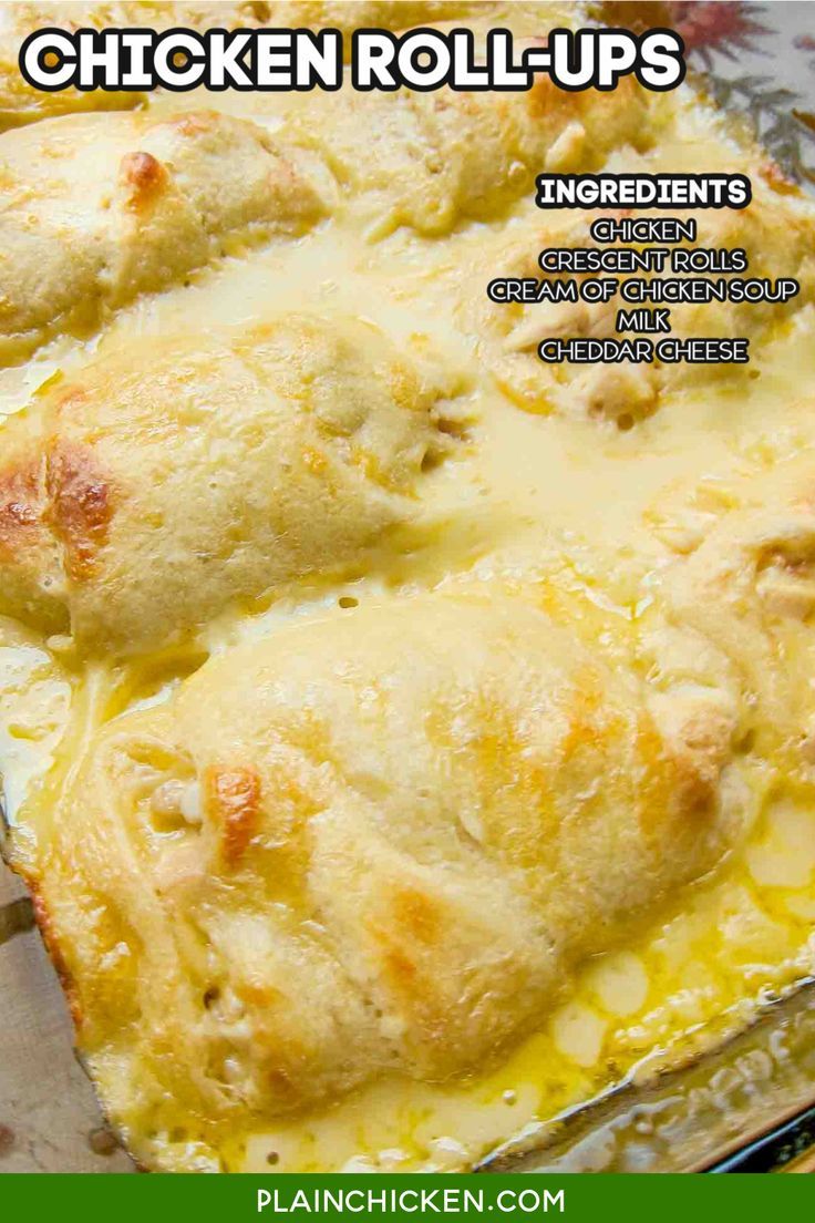 chicken roll - ups in a casserole dish with cheese and sauce on top