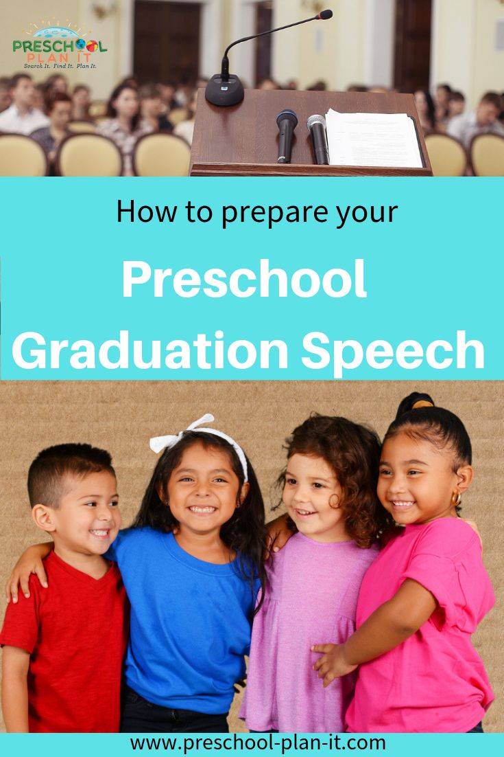 three children standing in front of a podium with the words how to prepare your preschool graduation speech