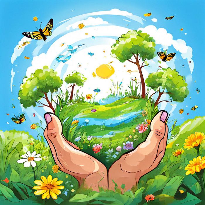 a person's hands holding flowers and trees in front of a green field with butterflies