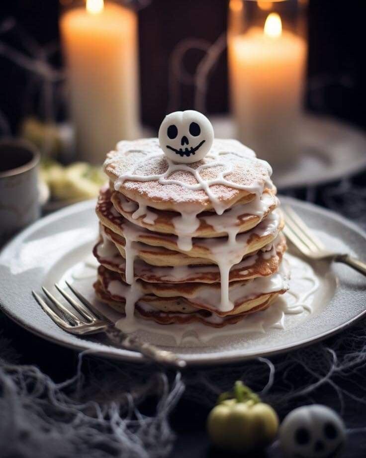 a stack of pancakes covered in icing with a skull on top and two candles